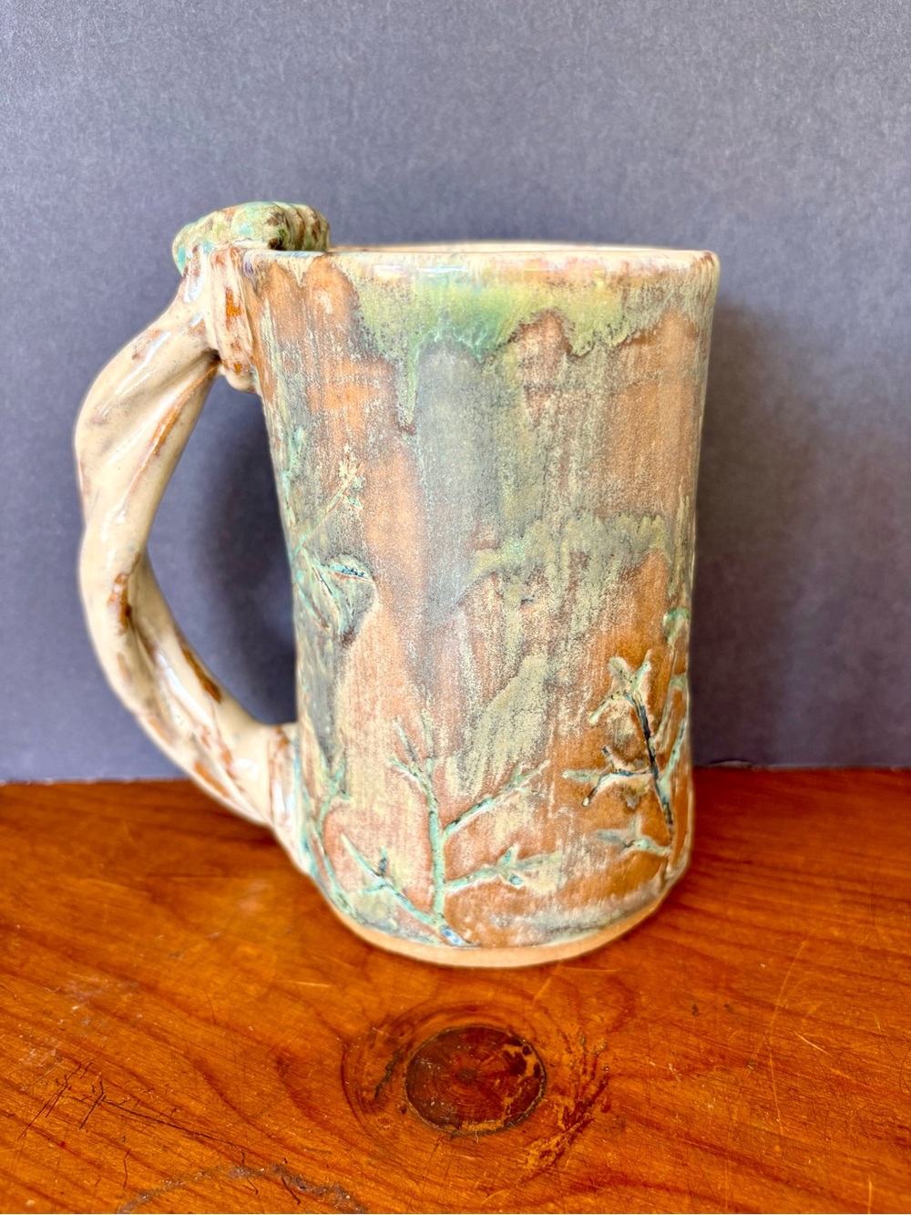 Handmade Rustic Ceramic Mug with Green and Brown Glaze